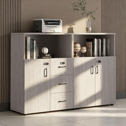 File Cabinet with Password Lock, Wood Lateral Filing Cabinet for Letter/A4 Files, 3 Drawer with Door, Printer Stand with Open Shelves for Home Office