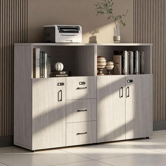 File Cabinet with Password Lock, Wood Lateral Filing Cabinet for Letter/A4 Files, 3 Drawer with Door, Printer Stand with Open Shelves for Home Office