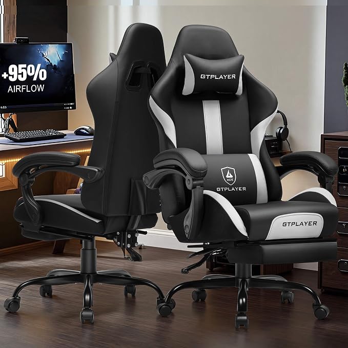 GTPLAYER Gaming Chair with Pocket Spring Cushion, Leather Office Chair with Ergonomic High Back & Lumbar Support for Back Pain Relief, Computer Game Chair for Adults, White/Black