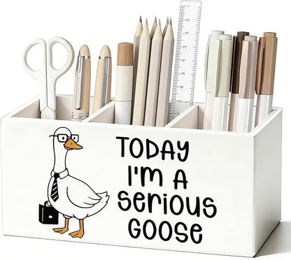 Funny Goose Pen Pencil Holder for Desk, Office Humor Gifts for Coworkers Employees Women Men, Today I'm a Serious Goose Wooden Box Sign Decorations for Home Office Workplace Desk Tabletop
