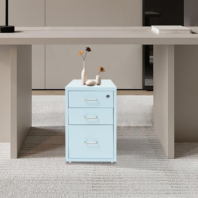 3 Drawers File Cabinet Locking Vertical File Cabinet Under Desk Small File Cabinet with Wheels for Home Office (Blue)