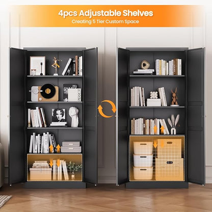 71" Tall Kitchen Pantry Storage Cabinet with 2 Doors and 5 Adjustable Shelve, Metal Black Food Pantry Cabinet, Kitchen Cabinet Storage Unit,6 Tier Freestanding Cupboard for Kitchen Dining/Living Room