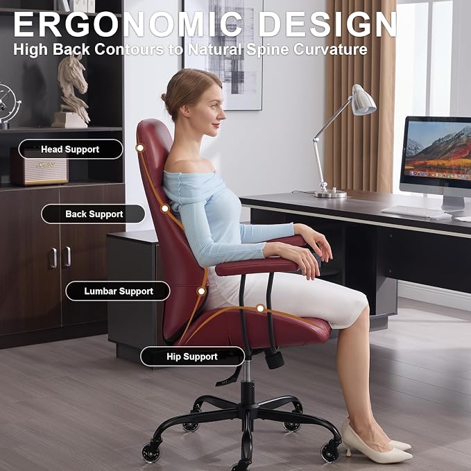 Office Chair with Rubber Wheels, Ergonomic Computer Chair 500 lbs, Leather Desk Chair with Lumbar Support, Executive Chair Adjustable Height & Recline, Red | Ergonomic, Lumbar Support, 360° Swivel & Rolling Wheels, Adjustable Height, for Adults & Women