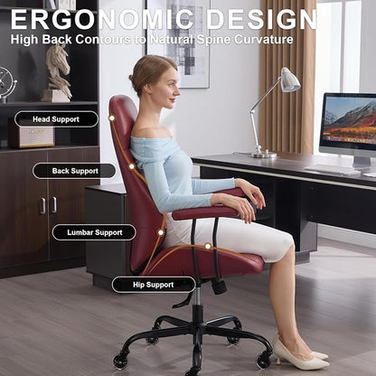 Office Chair with Rubber Wheels, Ergonomic Computer Chair 500 lbs, Leather Desk Chair with Lumbar Support, Executive Chair Adjustable Height & Recline, Red | Ergonomic, Lumbar Support, 360° Swivel & Rolling Wheels, Adjustable Height, for Adults & Women