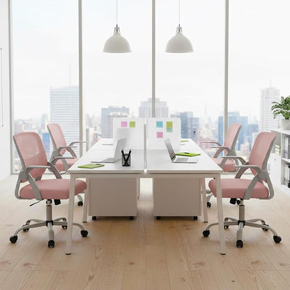 DUMOS Home Office Computer Chair - Ergonomic Mid Back Desk with Lumbar Support and Rocking Mode, Height Adjustable with Flip-up Armrest, for Conference Meeting Room, 360° Swivel, Adults, Pink
