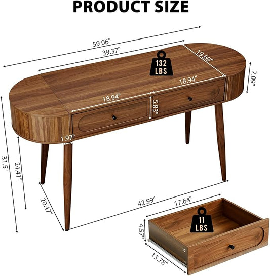 Mid-Century 59" Wood Writing Desk, Home Office Computer Laptop Desk with 2 Flip Storage Space + 2 Drawer, 150 CM Elegant Fluted Vanity Table Multifunctional Study Desk for Office, Bedroom (Wlanut)