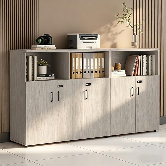 File Cabinet with Password Lock, Wood Lateral Filing Cabinet for Letter/A4 Files, 3 Drawer with Door, Printer Stand with Open Shelves for Home Office