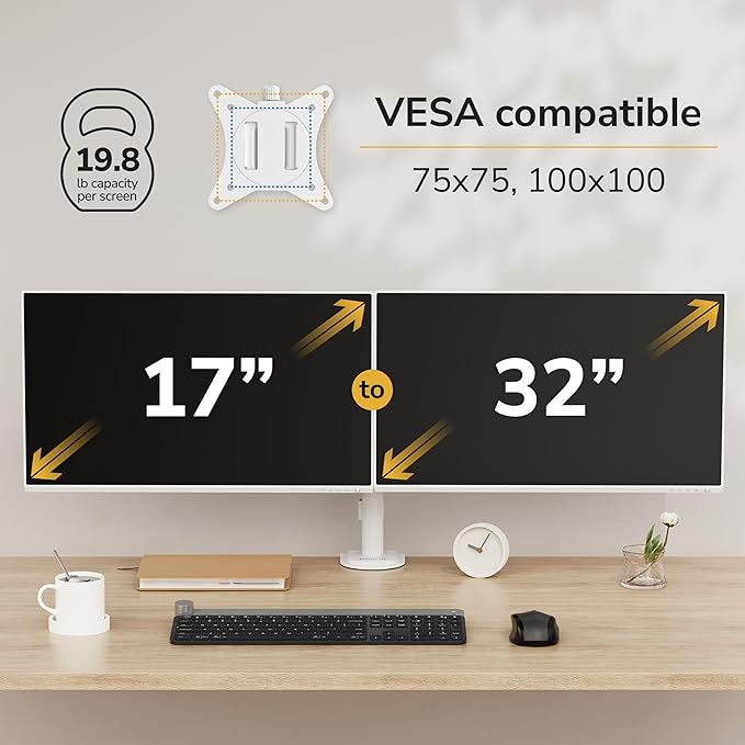 Mount-It Dual Monitor Arm for Desk, Full Motion Steel Mount 17-32 Inch | Holds up to 19.8 lbs per Arm, VESA 75x75 100x100, C-Clamp and Grommet Base, Cable Management, Height Adjustable, White