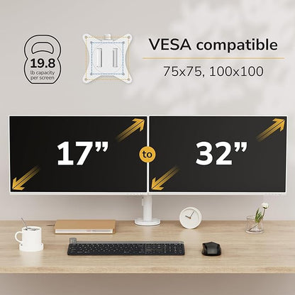 Mount-It Dual Monitor Arm for Desk, Full Motion Steel Mount 17-32 Inch | Holds up to 19.8 lbs per Arm, VESA 75x75 100x100, C-Clamp and Grommet Base, Cable Management, Height Adjustable, White