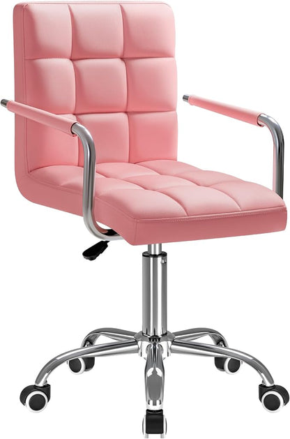 Furmax Vanity Office Chair with Wheels,Makeup PU Leather Executive Chair Modern Adjustable Home Desk Retro Comfortable Work Chair 360 Degree Swivel with Arms (Pink)