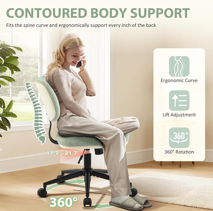 Armless 20" Wide Office Desk Chair, Comfy Desk Chair with Wheels Adjustable Height Swivel Rolling Chairs for Small Space Home Office Bedroom Study Vanity, Sherpa Mint-Green/PU