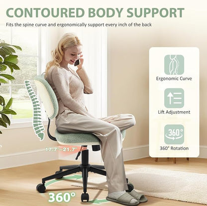Armless 20" Wide Office Desk Chair, Comfy Desk Chair with Wheels Adjustable Height Swivel Rolling Chairs for Small Space Home Office Bedroom Study Vanity, Sherpa Mint-Green/PU