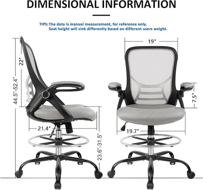 HYLONE Drafting Chair, Tall Office Chair Standing Desk Chair Grey Mesh High-Back Drafting Stool with Flip-Up Arms, Adjustable Foot Ring