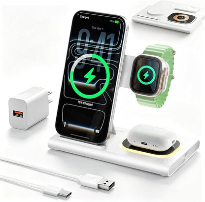 3 in 1 Foldable Charging Station for Apple Products,Wireless Charger for iPhone 17 16 15 14 13 12 Pro Max,Travel Dock Adapter&Light for iWatch Series 11 10 9 Ultra 3/2 SE 3/2,for AirPods 4 3 2 Pro 3/2