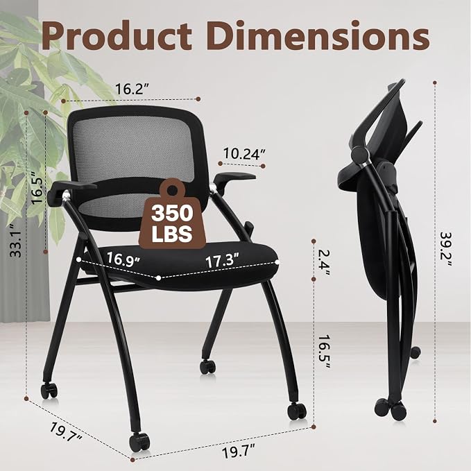 CLATINA Stackable & Foldable Conference Chair with Wheels, Ergonomic Mesh Back, 300lbs Capacity, Breathable Padded Seat, Adjustable Armrests, Office Chair for Reception, Training, Home, Black, 2PK