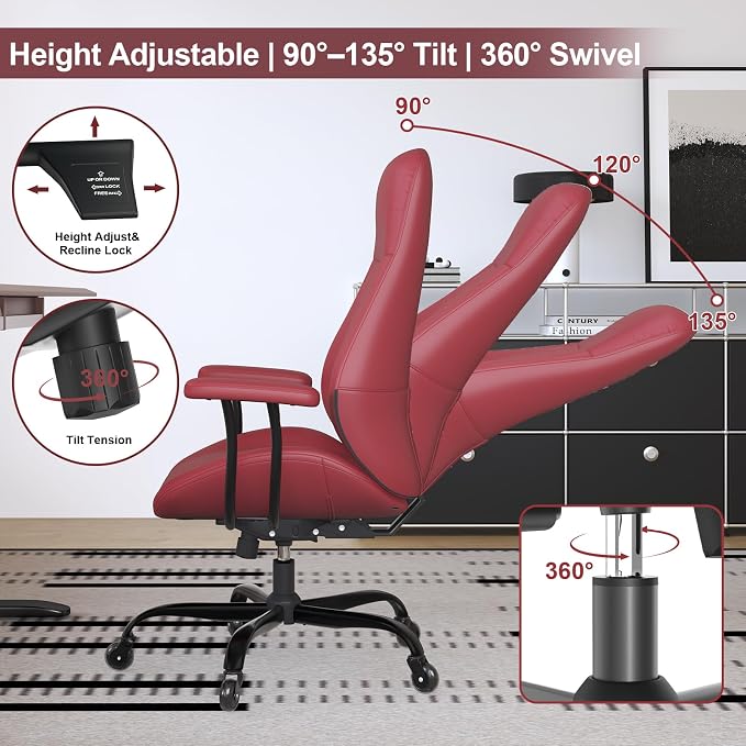 E-Ser Leather Desk Chair, Mid Century Modern Office Chair, Red | Lumbar Support, Ergonomic, 360° Swivel, Rubber Rolling Wheels, Adjustable Height, for Adults