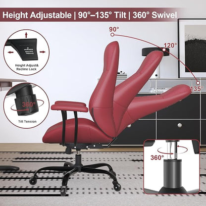 E-Ser Leather Desk Chair, Mid Century Modern Office Chair, Red | Lumbar Support, Ergonomic, 360° Swivel, Rubber Rolling Wheels, Adjustable Height, for Adults