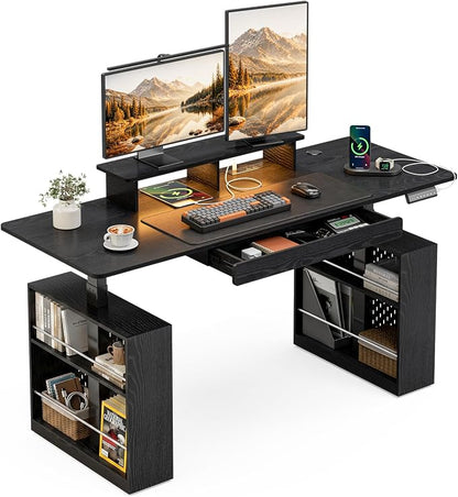 63x24 Electric Standing Desk with Drawer & Power Outlet, Ergonomic Sit Stand Desk with LED Lights, 2 Pegboards Storage, Monitor Stand, Height Adjustable 28.3"-47.2" for Home & Office, Black
