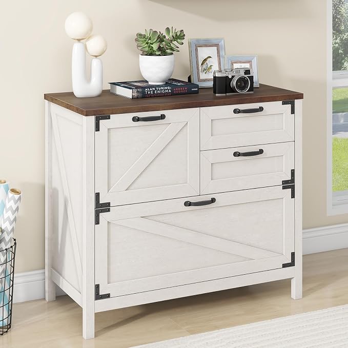 Befrases Farmhouse File Cabinet, Lateral Filing Cabinet with 4 Drawers for Letter/A4 Size Hanging Files, Large Wooden Printer Stand File Storage Cabinet for Home Office, Rustic White