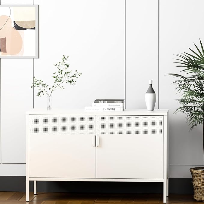 Chshin Metal Storage Cabinet with Doors,White Accent Cabinet,Metal Locker Storage Cabinets,2 Door TV Media Stand with Removable Shelves for,Home,Office,Entryway,Living Room