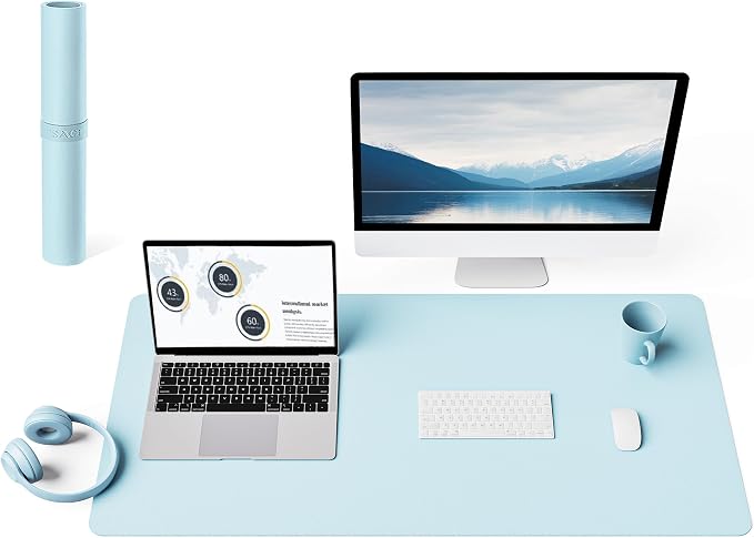 YSAGi Non-Slip Leather Desk Pad L Size, Waterproof Laptop Computer Desk Keyboard Mat, Table Protector Blotter Mat, Large Mouse Pad for Office/Work/Home/Decor(Sky Blue, 35.4" x 17")