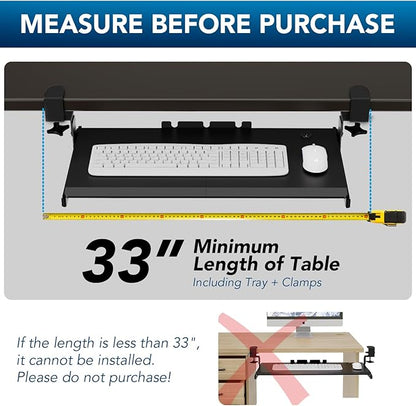 AX WABER Keyboard Tray Under Desk Pull Out with Extra Sturdy Adjustable C Clamp Mount System, 27.3 (32.5 inch Including Clamps) x 11 Inch Slide-Out Platform Computer Drawer for Typing, Black,AX01WB01