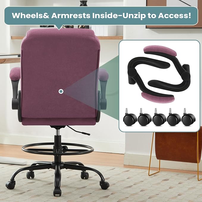 MAHOMICO Drafting Chair for Standing Desk – Tall Office Chair with Adjustable Height & Foot Ring, Flip-Up Arms, Lumbar Support – Comfortable Fabric Seat, Ideal Home Desk Chair