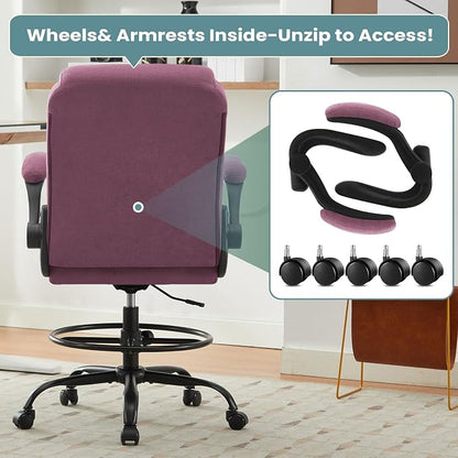 MAHOMICO Drafting Chair for Standing Desk – Tall Office Chair with Adjustable Height & Foot Ring, Flip-Up Arms, Lumbar Support – Comfortable Fabric Seat, Ideal Home Desk Chair