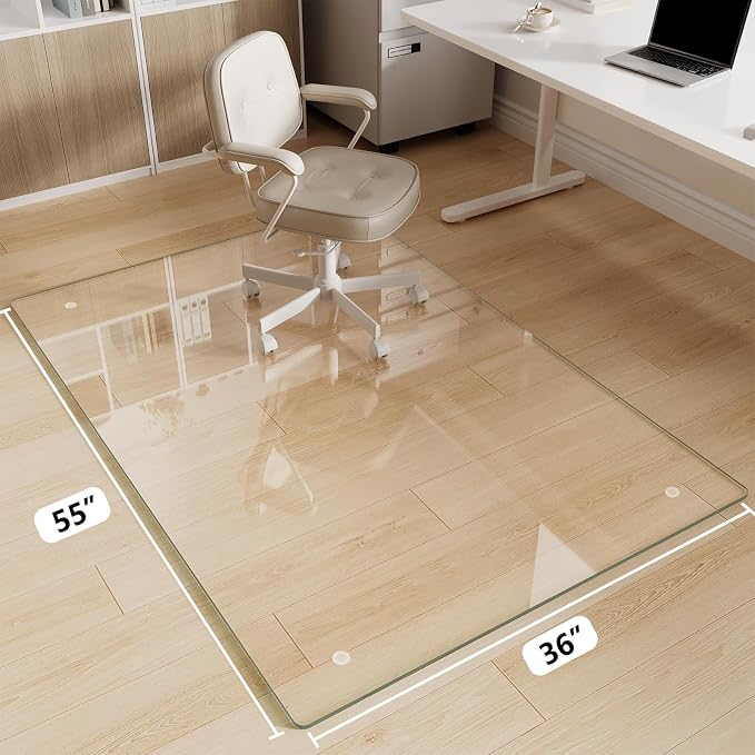 Glass Chair Mat 36" x 55" Heavy Duty Tempered Glass Office Chair Mat, Glass Floor Mat with Round Corner and Polished Edge for Smooth Glide, Office Chair Mat for Carpet, Hardwood Floor