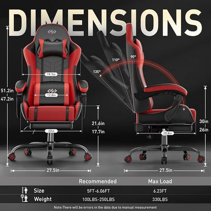 HLDIRECT Gaming Chair, Ergonomic Video Game Seat with 360° Swivel & Lumbar Massage for Adults Home/Office Use, Computer Chair PU Leather Cushion (Black & Red)