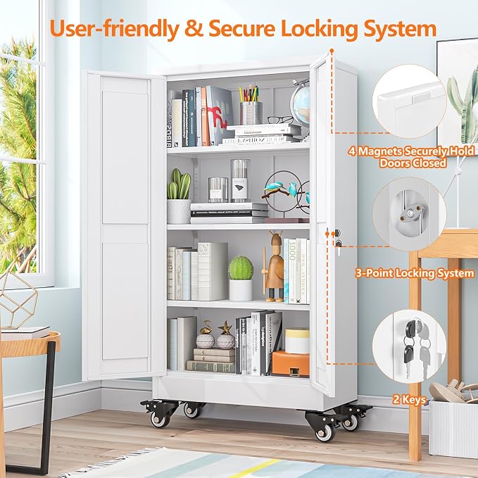pozdeg 45.6" Metal Garage Storage Cabinets with Wheels, Lockable Rolling File Cabinets with 2 Doors and 3 Adjustable Shelves, Steel Tool Organizer Locker for Office Home Garage Gym School, White
