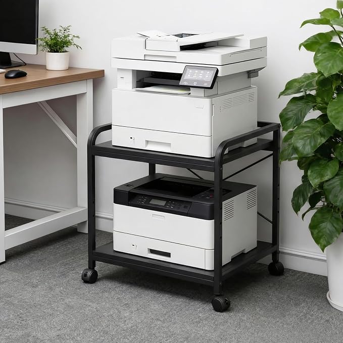 GarveeHome Under Desk Printer Stand, 20" Deep Large Printer Table with Height Adjustable Storage Shelf, 2 Tier Rolling Printer Cart with Wheels for Home Office, Black