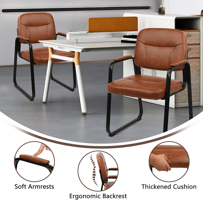 CLATINA Waiting Room Guest Chair with Bonded Leather Padded Arm Rest for Office Reception and Conference Desk Black with Sled Base Brown 8 Pack