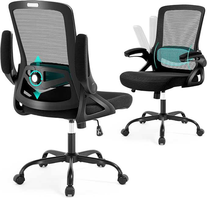 Executive Office Chair with Adjustable Lumbar Support Flip-Up Arms,Black | Executive Mesh Office Chair with Adjustable Lumbar Support, Flip-Up Arms, Thick Foam Seat, Swivel Rolling Chair, 400lbs