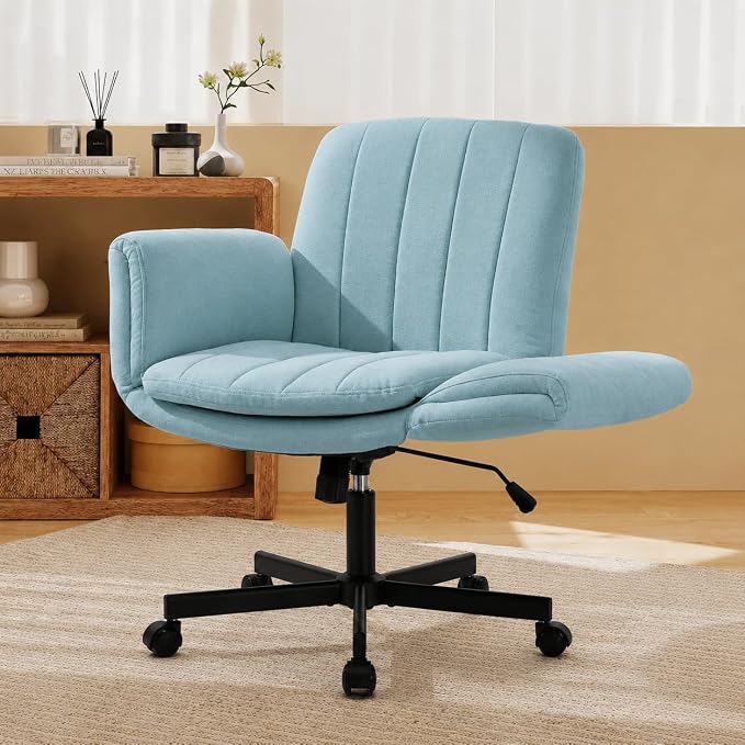 Criss Cross Office Chair with Wheels and Arms, Vanity Chair with Back, Comfy Swivel Cross Legged Office Chairs for Ultimate Comfort and Support, Unique Multifunctional Stylish Arms (Fabric Green)