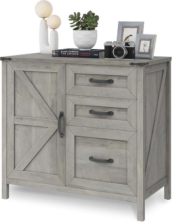 Halitaa Lateral File Cabinet with 3 Drawers, Farmhouse File Cabinet for Letter/A4 Size Hanging Files, Large Wood File Storage Cabinets Printer Stand for Home Office Furniture, Grey