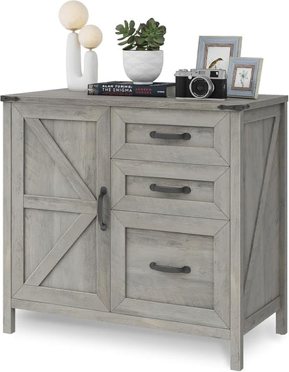 Halitaa Lateral File Cabinet with 3 Drawers, Farmhouse File Cabinet for Letter/A4 Size Hanging Files, Large Wood File Storage Cabinets Printer Stand for Home Office Furniture, Grey