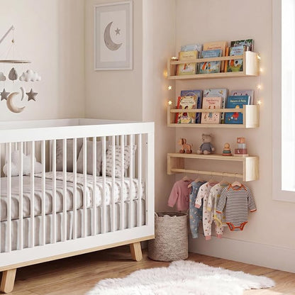 Fixwal Nursery Shelves, 16.5 Inch Floating Bookshelves for Wall Set of 3, Baby Nursery Decor, Solid Wood Wall Mounted Shelves for Books (Natural Wood)