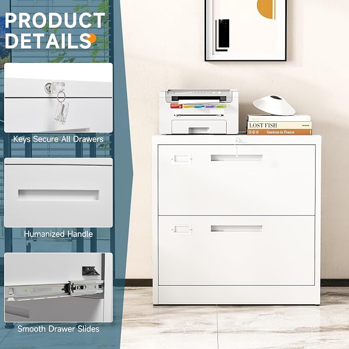 MIIIKO Lateral 2 Drawer File Cabinet,White Metal Filing Cabinets with Lock, Metal Storage File Cabinets for Home Office,Hanging Files Folders Letter/Legal/A4 Size