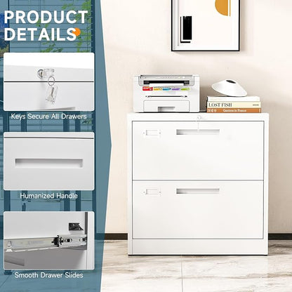 MIIIKO Lateral 2 Drawer File Cabinet,White Metal Filing Cabinets with Lock, Metal Storage File Cabinets for Home Office,Hanging Files Folders Letter/Legal/A4 Size