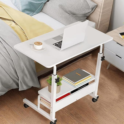Adjustable Height Mobile Computer Desk for Small Space Rolling Writing with Wheels Corner Home Office Study Portable Bedrooms Work Size 31.5x15.7 Inch Storage Gaming Table, White A