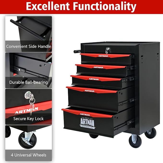 RYH 5 Drawers Rolling Tool Chest - Heavy Duty Mobile Tool Cart with Locking Wheels & Ball Bearing Drawers 30.5" H x 20.9" W x 13" D, Garage Tool Storage Cabinet (Black, 5 Drawers)