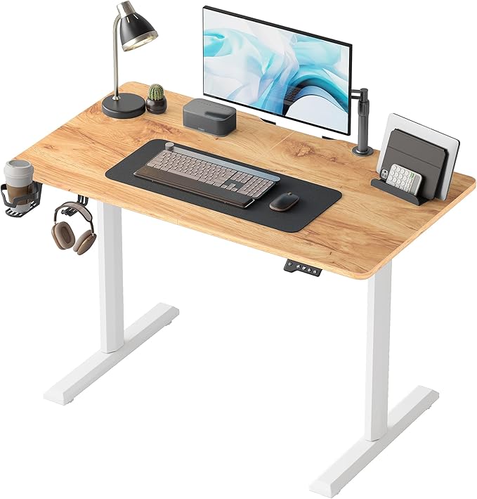 FEZIBO Standing Desk, 44 × 22 Inches Electric Height Adjustable, Sit and Stand Up, Computer Office Desk with Splice Board, White Frame/Light Rustic Top