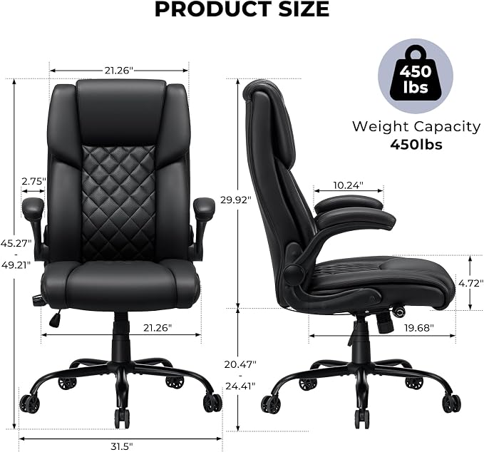 Big and Tall Office Chair 450lbs Heavy Duty Ergonomic Executive Desk Chair with Adjustable Lumbar Support High Back Home Computer Leather Chair with Padded Flip-up Arms for Heavy People Black