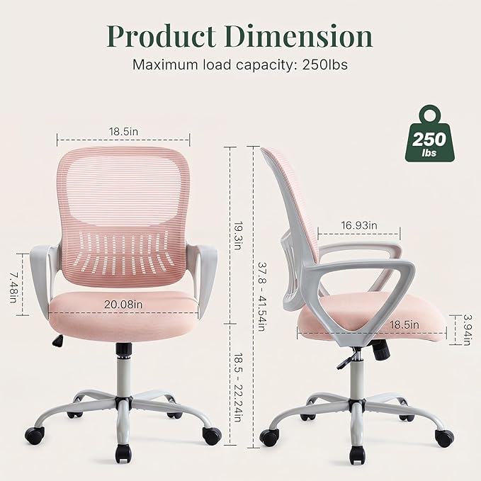 Home Office Desk Chair, Ergonomic Mid-Back Mesh Computer Task Chair with Comfortable Lumbar Support, Height Adjustable Swivel with Fixed Armrest for Adults, Student, Pink