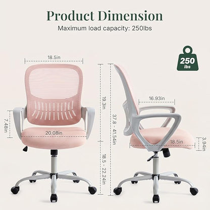 Home Office Desk Chair, Ergonomic Mid-Back Mesh Computer Task Chair with Comfortable Lumbar Support, Height Adjustable Swivel with Fixed Armrest for Adults, Student, Pink