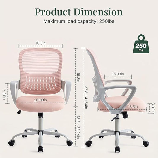 Home Office Desk Chair, Ergonomic Mid-Back Mesh Computer Task Chair with Comfortable Lumbar Support, Height Adjustable Swivel with Fixed Armrest for Adults, Student, Pink