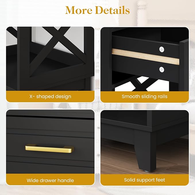 RoyalCraft 30" Tall Nightstand, Modern Painted Bedside Table with 2 Drawers and Open Shelf, Wood Side Table for Bedroom, Home Office, Black-Open Shelf Below, Set of 2