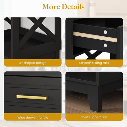 RoyalCraft 30" Tall Nightstand, Modern Painted Bedside Table with 2 Drawers and Open Shelf, Wood Side Table for Bedroom, Home Office, Black-Open Shelf Below, Set of 2