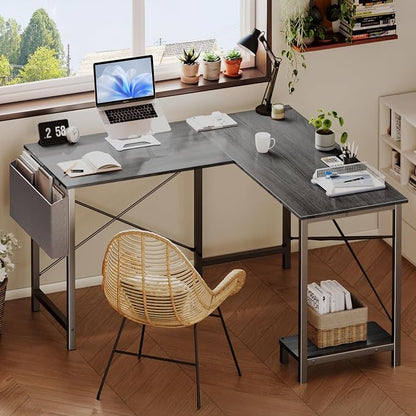 DUMOS L Shaped Desk Computer Gaming Corner Table 50 Inch Home Office Writing Student Work PC Workstation with Side Storage Bag CPU Stand for Bedroom Small Spaces